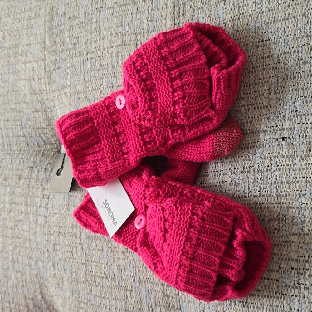 SONOMA BRAND WOMEN'S PINK COLD WEATHER ACCESS "LADDER STITCH" FLIP TOP MITTENS